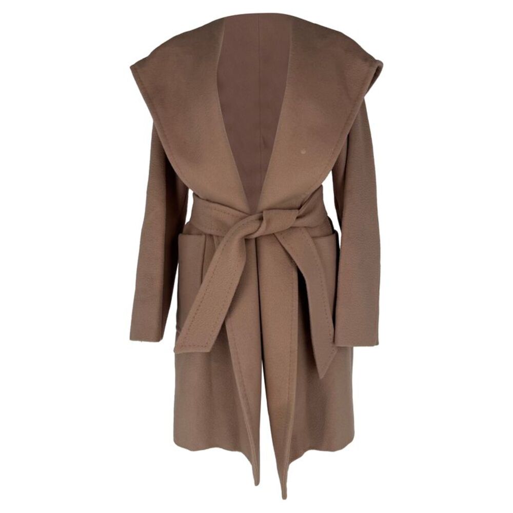 Max Mara Belted Hooded Coat in Beige Camel Hair